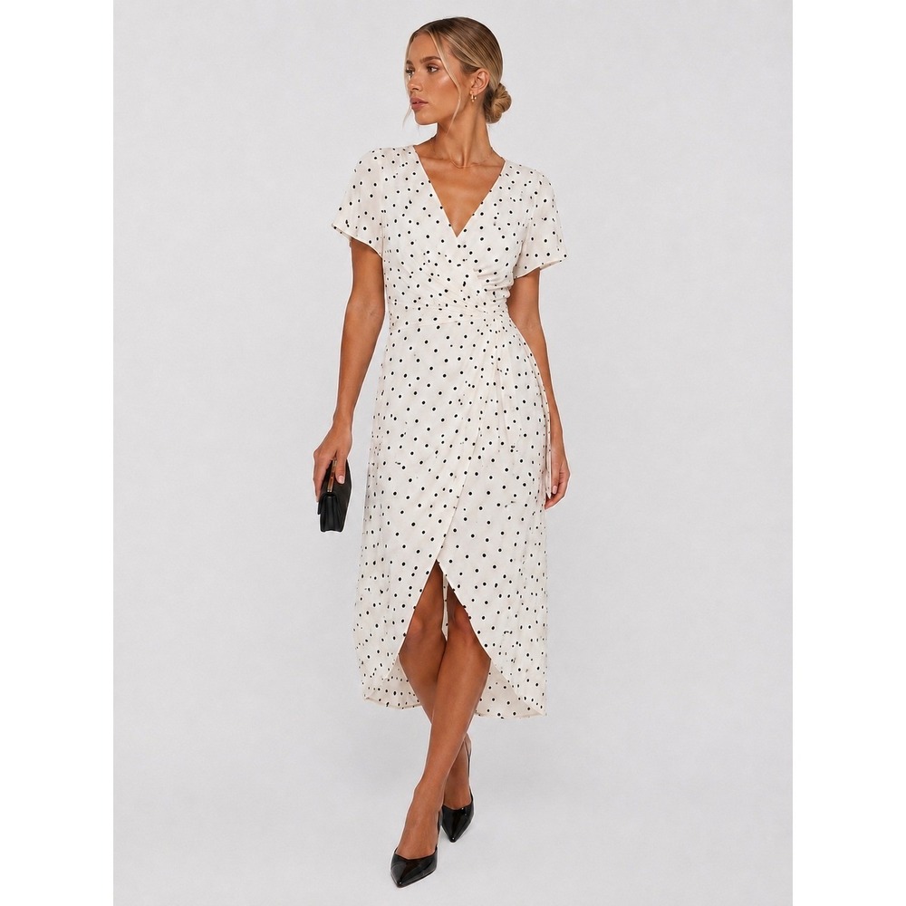Alice + Olivia Polka Dot V-Neck‎ Wrap Midi Dress White Black Size 4